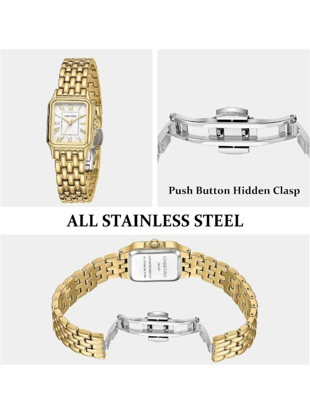 Vintage Cheetah Gold Watch for Women, 26mm Rectangular Case, Waterproof, Metal